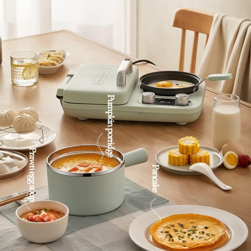 BEAR All-in-1 Breakfast Station with Sandwich/Bread/Egg/Waffle/Hamburger Maker, Soup/Milk/Congee Boiler - Green
