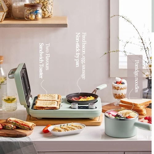 BEAR All-in-1 Breakfast Station with Sandwich/Bread/Egg/Waffle/Hamburger Maker, Soup/Milk/Congee Boiler - Green