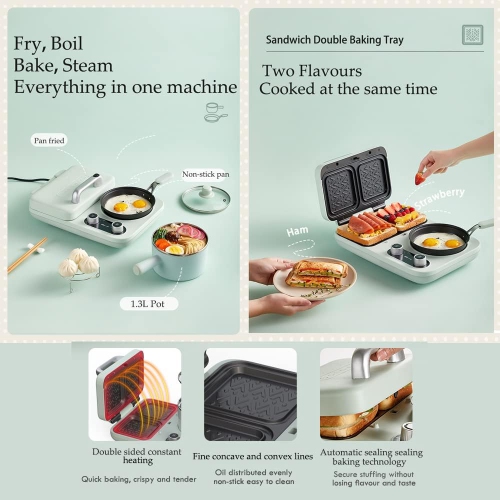 BEAR All-in-1 Breakfast Station with Sandwich/Bread/Egg/Waffle/Hamburger Maker, Soup/Milk/Congee Boiler - Green