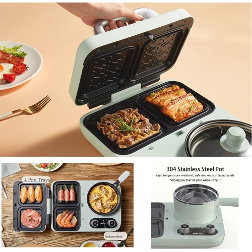 BEAR All-in-1 Breakfast Station with Sandwich/Bread/Egg/Waffle/Hamburger Maker, Soup/Milk/Congee Boiler - Green