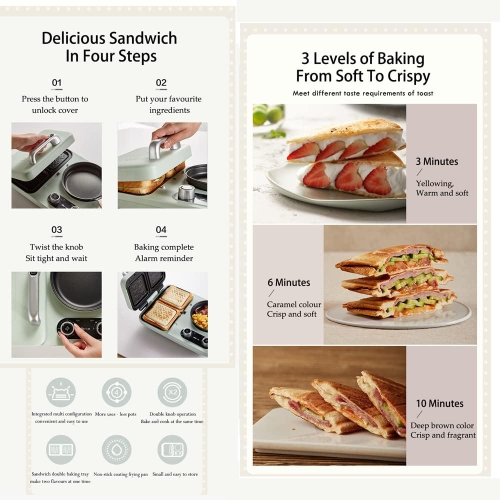 BEAR All-in-1 Breakfast Station with Sandwich/Bread/Egg/Waffle/Hamburger Maker, Soup/Milk/Congee Boiler - Green