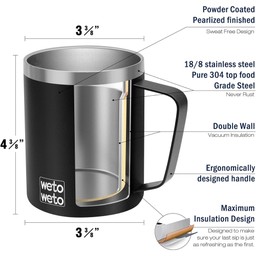 Tasse à café avec poignée, tasse à café réutilisable isotherme en acier inoxydable 14 oz, tasse de voyage à double paroi, noir enduit de poudre