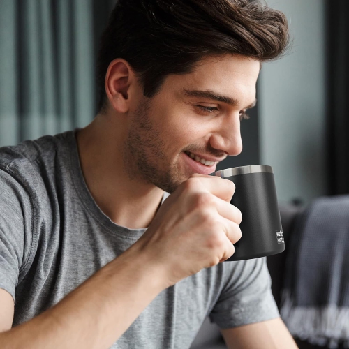 Tasse à café avec poignée, tasse à café réutilisable isotherme en acier inoxydable 14 oz, tasse de voyage à double paroi, noir enduit de poudre