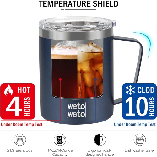 Tasse à café 14 oz, tasse de camping isotherme sous vide avec couvercle, tasse de voyage en acier inoxydable à double paroi, tasse à café