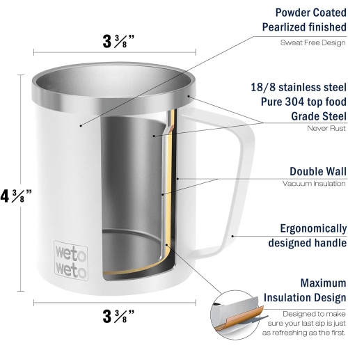 14 oz Coffee Mug, Vacuum Insulated Camping Mug with Lid, Double Wall Stainless Steel Travel Tumbler Cup, Coffee Thermos Outdoor, Powder Coated White