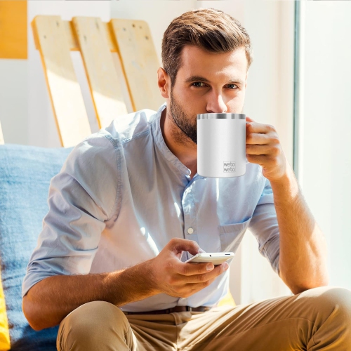 14 oz Coffee Mug, Vacuum Insulated Camping Mug with Lid, Double Wall Stainless Steel Travel Tumbler Cup, Coffee Thermos Outdoor, Powder Coated White