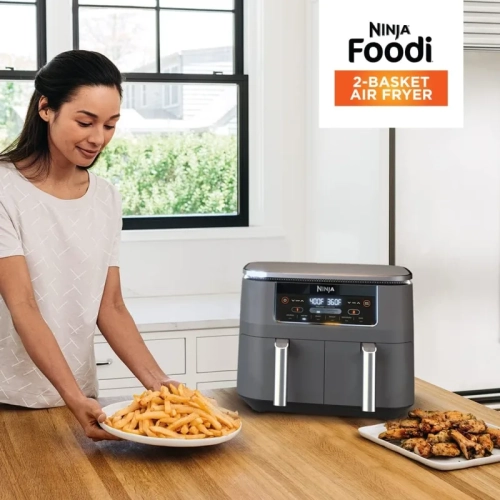 8-qt. Ninja Foodi 6-in-1 Air Fryer with DualZone Technology - Slate Grey | Match Cook & Smart Finish, Roast, Broil, Dehydrate & More - Canadian