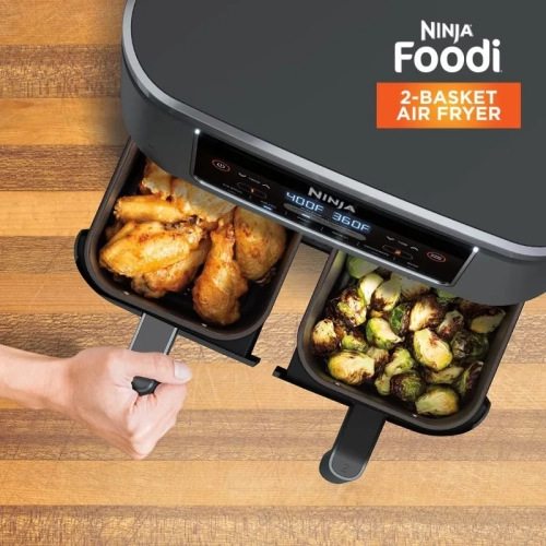 8-qt. Ninja Foodi 6-in-1 Air Fryer with DualZone Technology - Slate Grey | Match Cook & Smart Finish, Roast, Broil, Dehydrate & More - Canadian