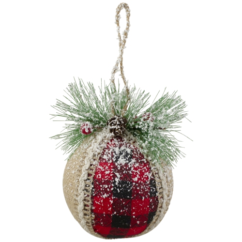 Plaid with Burlap Christmas Ball Ornaments - 6" - Red and Black - 4ct