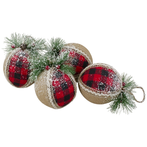 Plaid with Burlap Christmas Ball Ornaments - 6" - Red and Black - 4ct