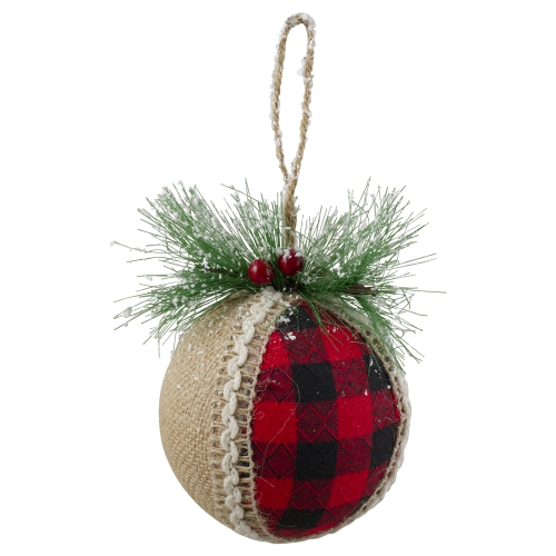 Plaid with Burlap Christmas Ball Ornaments - 6" - Red and Black - 4ct