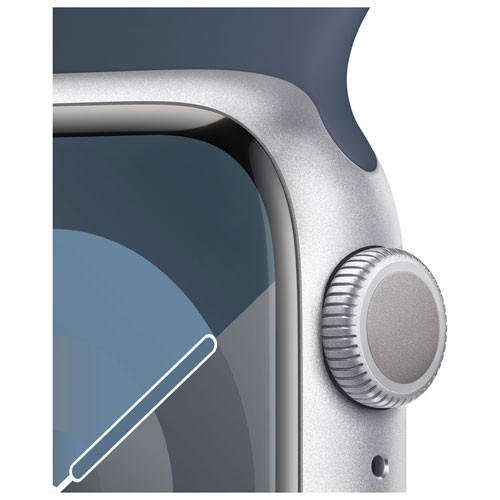 Boîte ouverte - Apple Watch Series 9 41 mm avec boîtier en aluminium argenté et bracelet sport bleu tempête - moyen/Grand