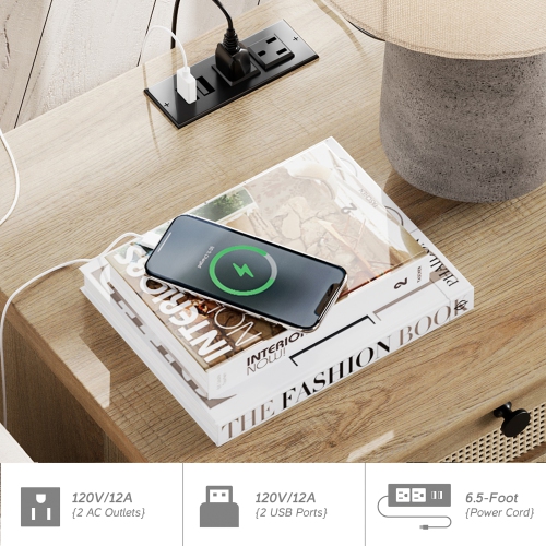 WAMPAT End Table with Charging Station,Wood Side Sofa Table with Drawer and Storage Cabinet,Rattan Weaving Nightstand with Power Outlet&USB Ports