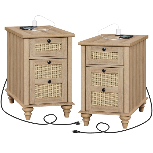 WAMPAT  2 Pack End Table With Charging Station, Wood Side Sofa Table With Drawer And Storage Cabinet, Oak