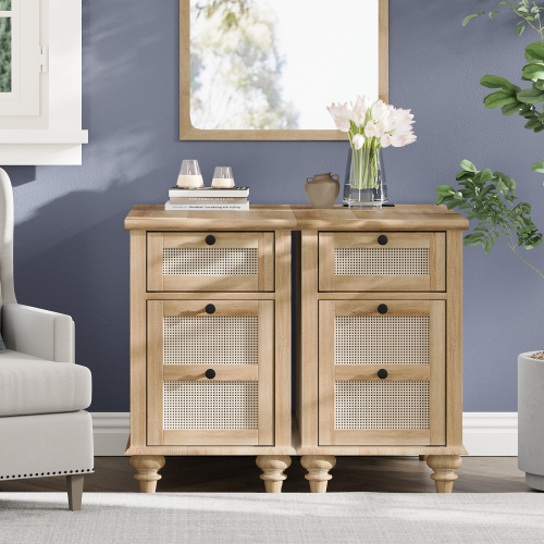 WAMPAT 2 Pack End Table with Charging Station,Wood Side Sofa Table with Drawer and Storage Cabinet, Oak