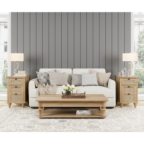 WAMPAT 2 Pack End Table with Charging Station,Wood Side Sofa Table with Drawer and Storage Cabinet, Oak