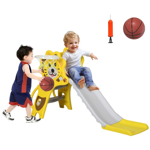 Qaba Toddler Slide with Basketball Hoop, 3 in 1 Kids Slide Indoor, Tiger-Designed Baby Climbing and Playset Playground Outdoor Toy, Yellow
