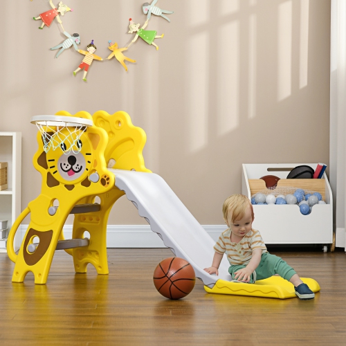 Qaba Toddler Slide with Basketball Hoop, 3 in 1 Kids Slide Indoor, Tiger-Designed Baby Climbing and Playset Playground Outdoor Toy, Yellow