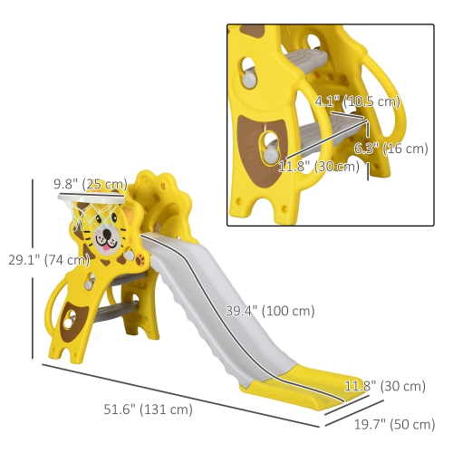 Qaba Toddler Slide with Basketball Hoop, 3 in 1 Kids Slide Indoor, Tiger-Designed Baby Climbing and Playset Playground Outdoor Toy, Yellow