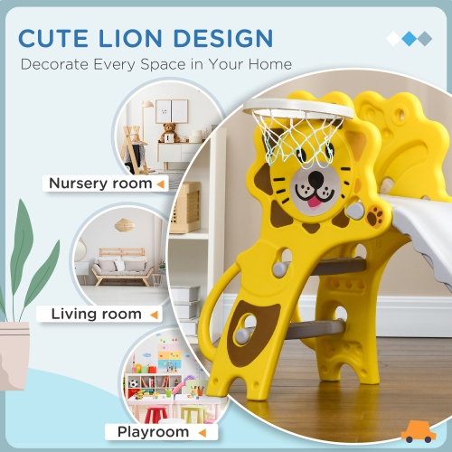 Qaba Toddler Slide with Basketball Hoop, 3 in 1 Kids Slide Indoor, Tiger-Designed Baby Climbing and Playset Playground Outdoor Toy, Yellow