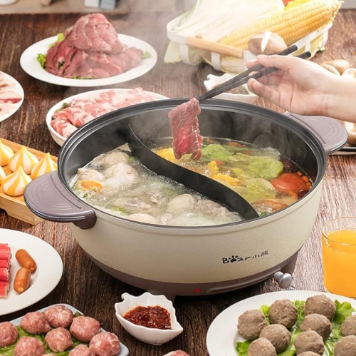 Bear Electric Hot Pot, 6L Electric Cooker- Multi-Functional Pot for Shabu-shabu, Noodles, Soup, 1500W Dual-Sided Shabu Hot Pot -Yellow