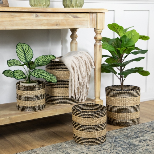 Set of 4 Beige and Black Striped Woven Round Seagrass Baskets 12"