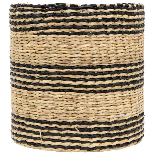 Set of 4 Beige and Black Striped Woven Round Seagrass Baskets 12"