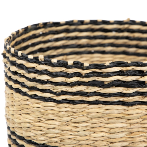 Set of 4 Beige and Black Striped Woven Round Seagrass Baskets 12"