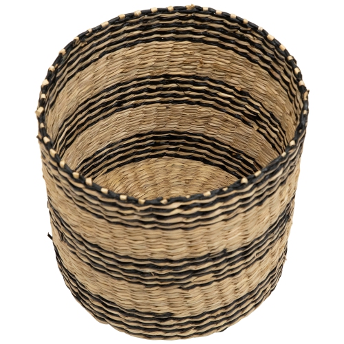 Set of 4 Beige and Black Striped Woven Round Seagrass Baskets 12"