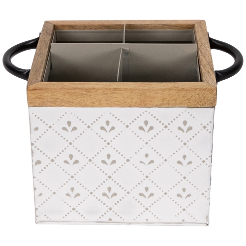 7" White Embossed Square Storage Box with Wooden Frame