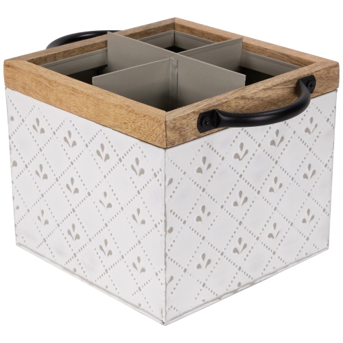 7" White Embossed Square Storage Box with Wooden Frame