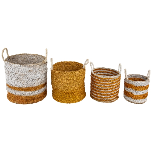 Set of 4 Striped Woven Seagrass Round Baskets with Handles 13.5"