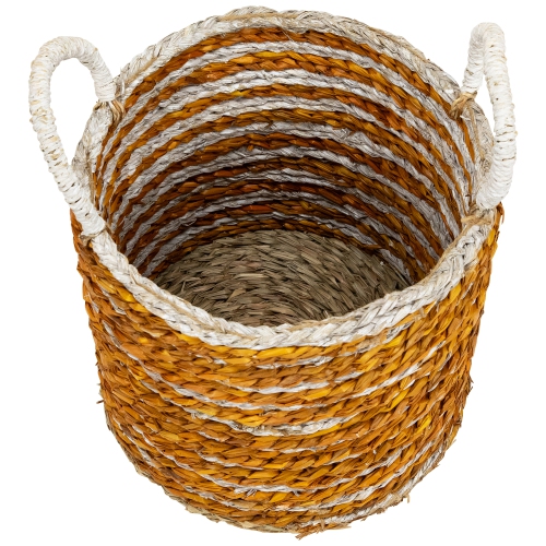 Set of 4 Striped Woven Seagrass Round Baskets with Handles 13.5"