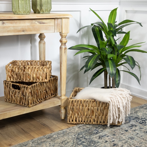 Set of 3 Brown Water Hyacinth Woven Storage Baskets With Built-in Handles 15.75"