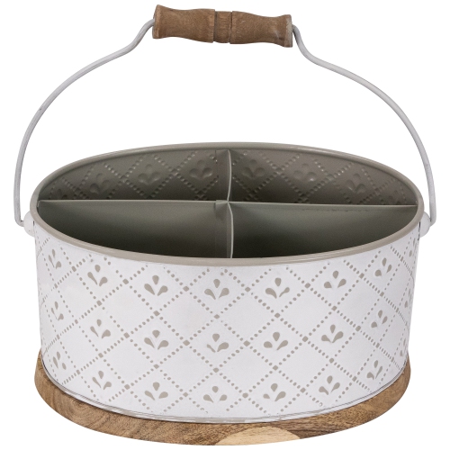 10" White Oval Embossed Caddy with Handle and Wood Base