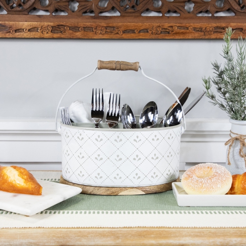 10" White Oval Embossed Caddy with Handle and Wood Base