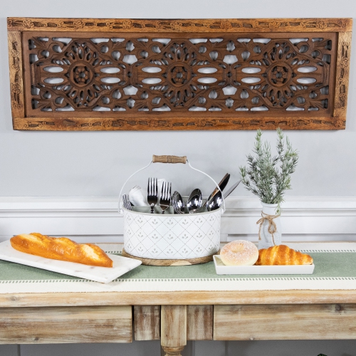 10" White Oval Embossed Caddy with Handle and Wood Base