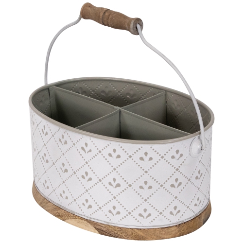 10" White Oval Embossed Caddy with Handle and Wood Base