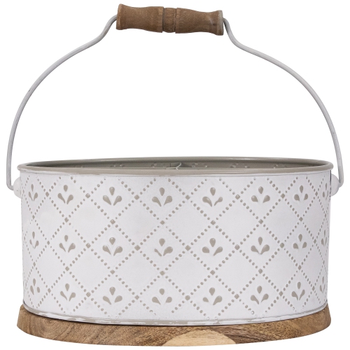 10" White Oval Embossed Caddy with Handle and Wood Base