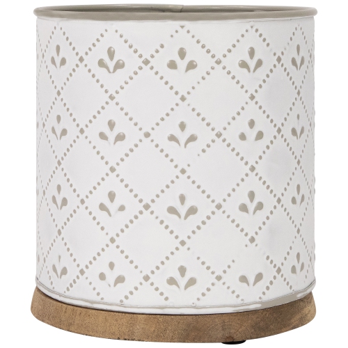 6.5" White Round Embossed Storage Container with Wooden Base