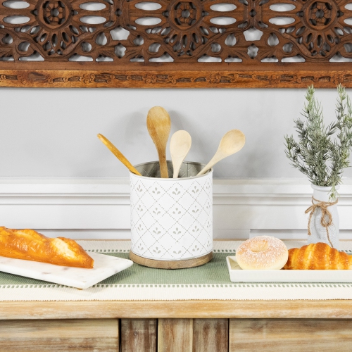 6.5" White Round Embossed Storage Container with Wooden Base