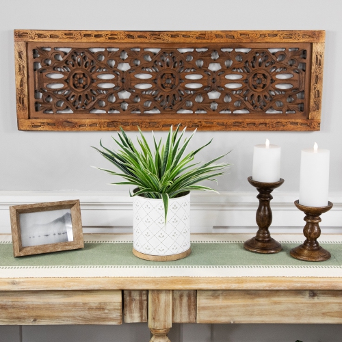 6.5" White Round Embossed Storage Container with Wooden Base