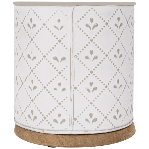 6.5" White Round Embossed Storage Container with Wooden Base