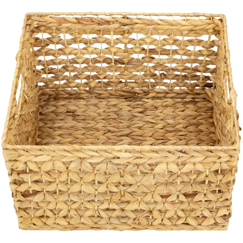 Set of 3 Diamond Weave Rectangular Water Hyacinth Baskets with Handles 17.75"