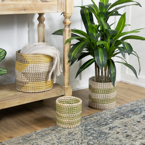 Set of 3 Striped Olive and Beige Woven Seagrass Baskets 9.75"