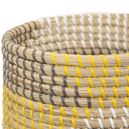 Set of 3 Striped Olive and Beige Woven Seagrass Baskets 9.75"