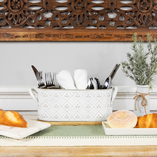 11.25" White Oval Embossed Long Caddy with Side Handles and Wooden Base