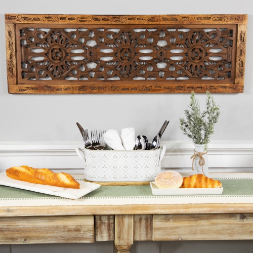 11.25" White Oval Embossed Long Caddy with Side Handles and Wooden Base