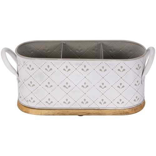 11.25" White Oval Embossed Long Caddy with Side Handles and Wooden Base