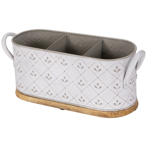 11.25" White Oval Embossed Long Caddy with Side Handles and Wooden Base